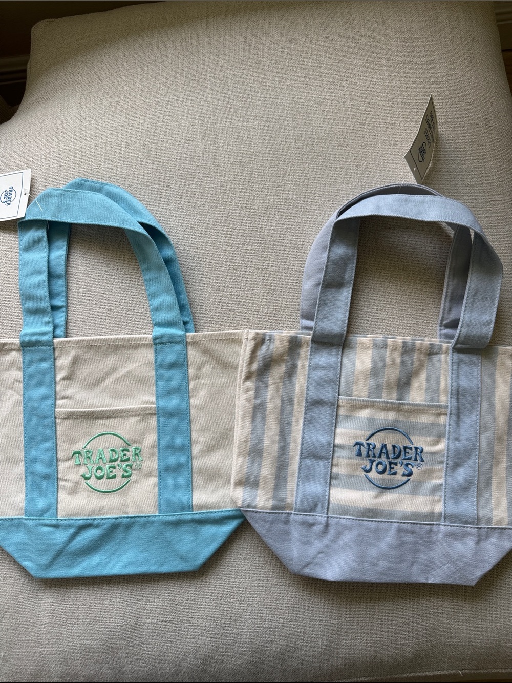 Trader Joe's Canvas Tote Bag - Blue & Aqua. Set if 2. NEW
